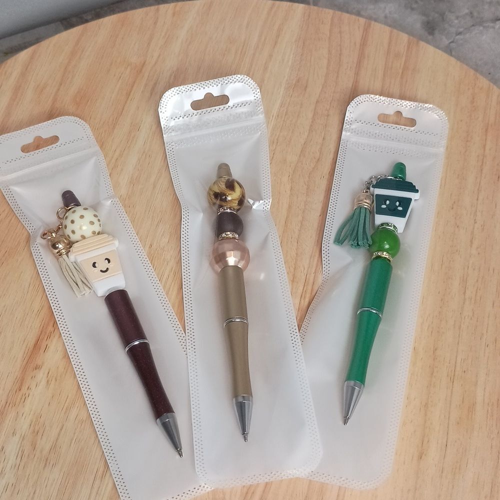 3pc Handcrafted Beaded Pens Bundle Coffee Theme Office Supplies